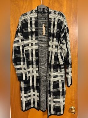 Coco + Carmen Plaid Duster Cardigan Black White Longline Open Front (S/M) - NWT